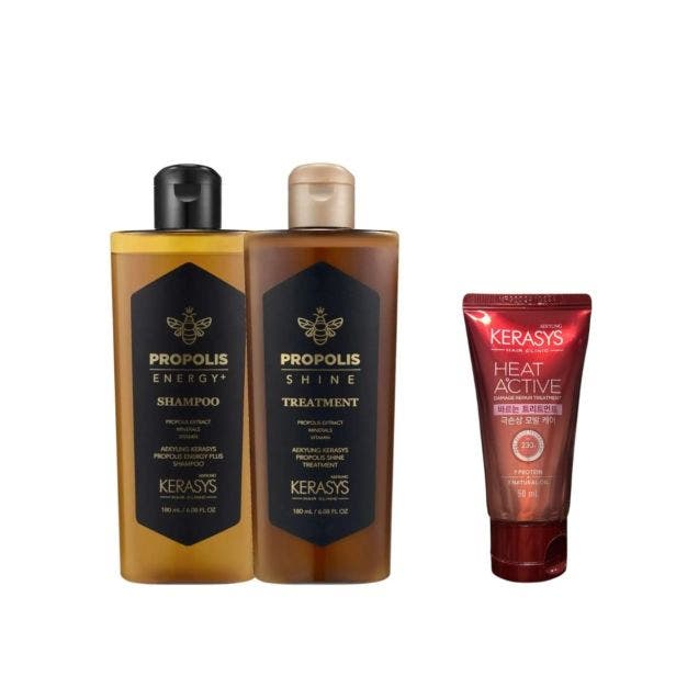 Trio de produtos Kerasys — shampoo, condicionador e máscara